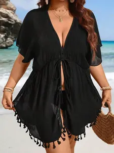 Plus Size Kimono Robe | Fringe Trim Loose Fit Tie Waist for Beach Vacation Wear