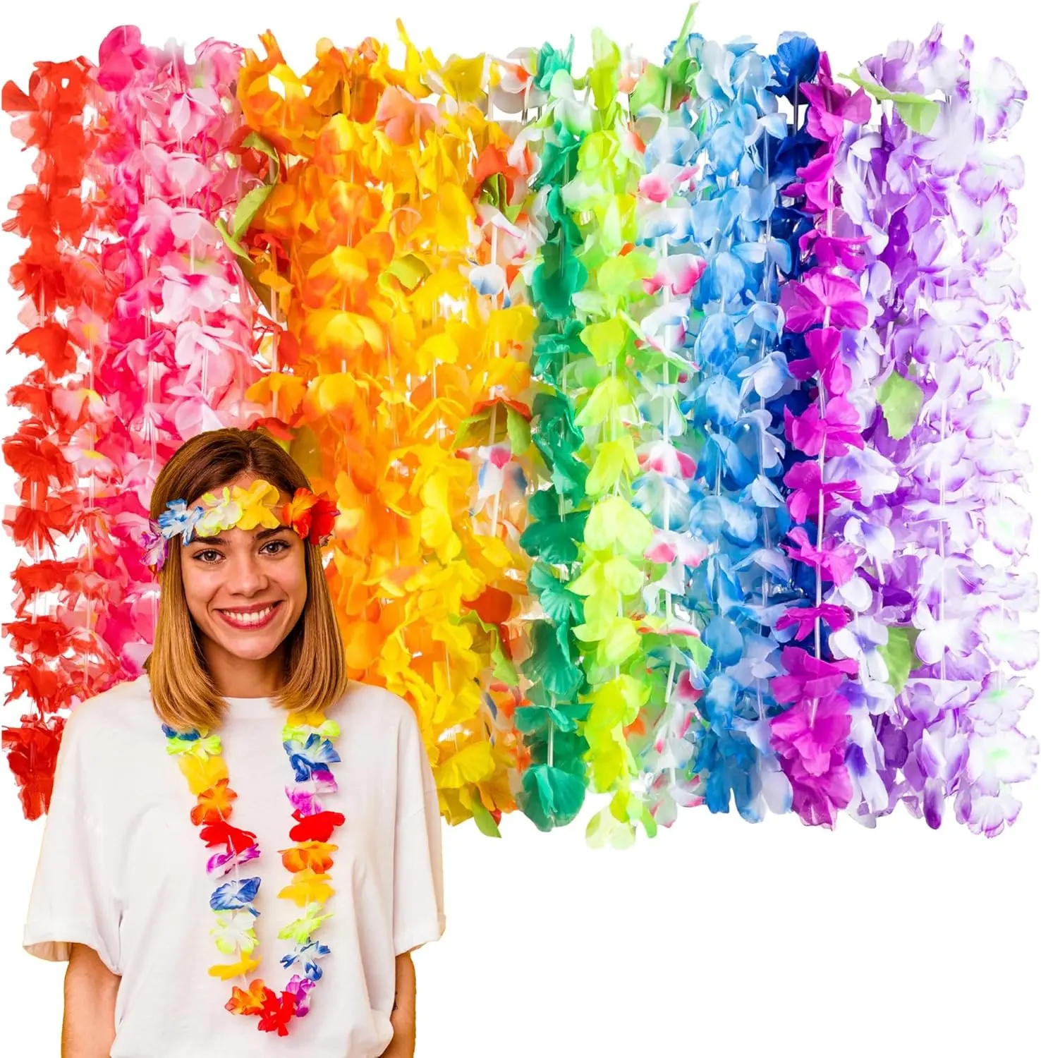 24-Pack Tropical Synthetic Flower Hawaiian Polyester Lei Set, 14 x 3 x 11 inches Beach Decoration, Festive Luau Party Supplies & Adult Gifts, Aloha Outfit Accessories for Pool Tiki Bar Events, Flowers