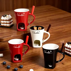 4-piece set of combination mugs, including a chocolate melting cup, candy dipping cup, butter cup, and cheese fondue cup. The portable mini cups come with forks, ideal for movie nights, Halloween, Christmas, and family use.