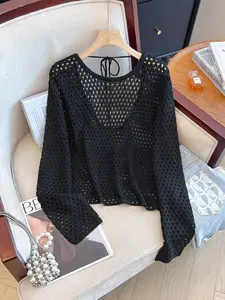 Women's Summer Hollow Out Mesh Sexy Casual Long Sleeve Pullover, Vacation Style Back Shoulder Tie Knitwear Sun Protection Ice Silk Top, Knitting Womenswear