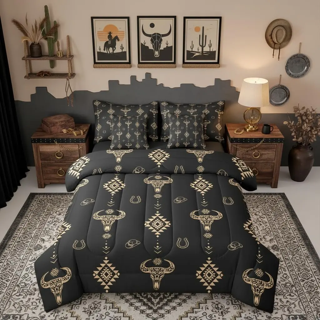 Aztec 7 Piece Bedding Set Bull Skull Comforter Set with Sheets Western Arrow Cowboy Hat Dot Black Bed in a Bag Southwest Horseshoe Geometric for Men Women