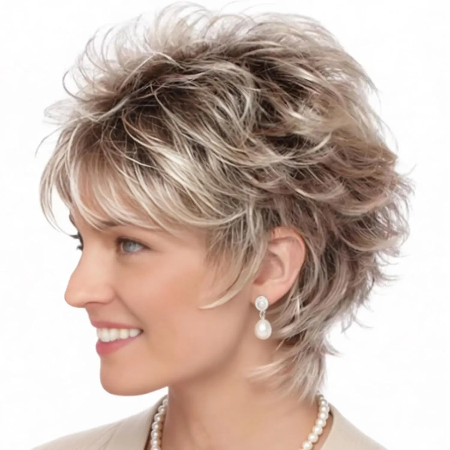 Women's Short Layered Pixie Cut Wig - Layered Ombre Blonde with Dark Roots, Soft Synthetics Fiber, Adjustable Cap (Average Cap Size), Free Parting, Minimum Knotting, Headband, Travel, Chic Everyday Use, Natural Light Bangs