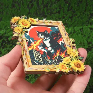 Giant Firebreathing Cat Sunflower Refrigerator Magnet, Fridge Magnet, Monster Cat Destroying City Design, Perfect Gift for Cat Lovers & Vintage Art Enthusiasts
