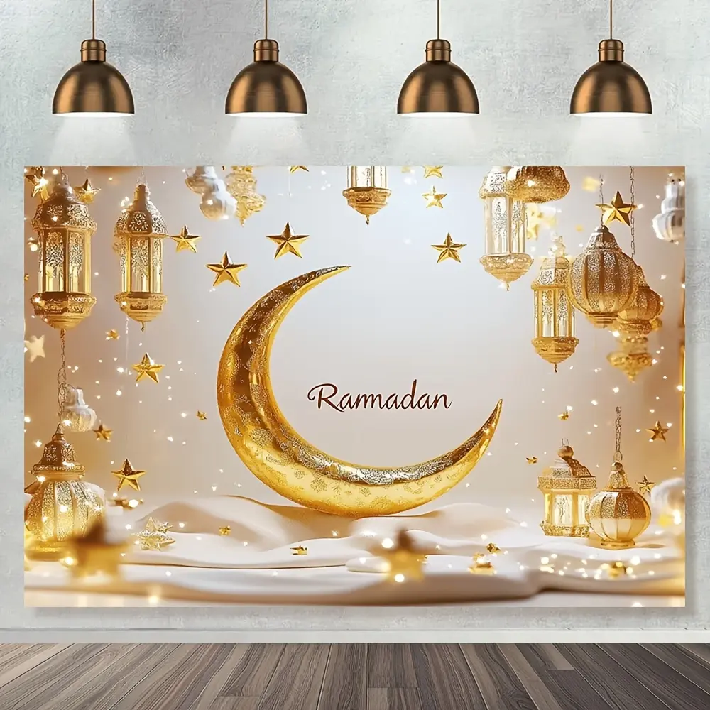 1PC 2D Flat Ramadan Backdrop Banner, Polyester with Golden Moon, Star, Lantern Ornaments, Reusable Muslim Eid al-Fitr & Birthday Decor for Room, Indoor-Outdoor Events