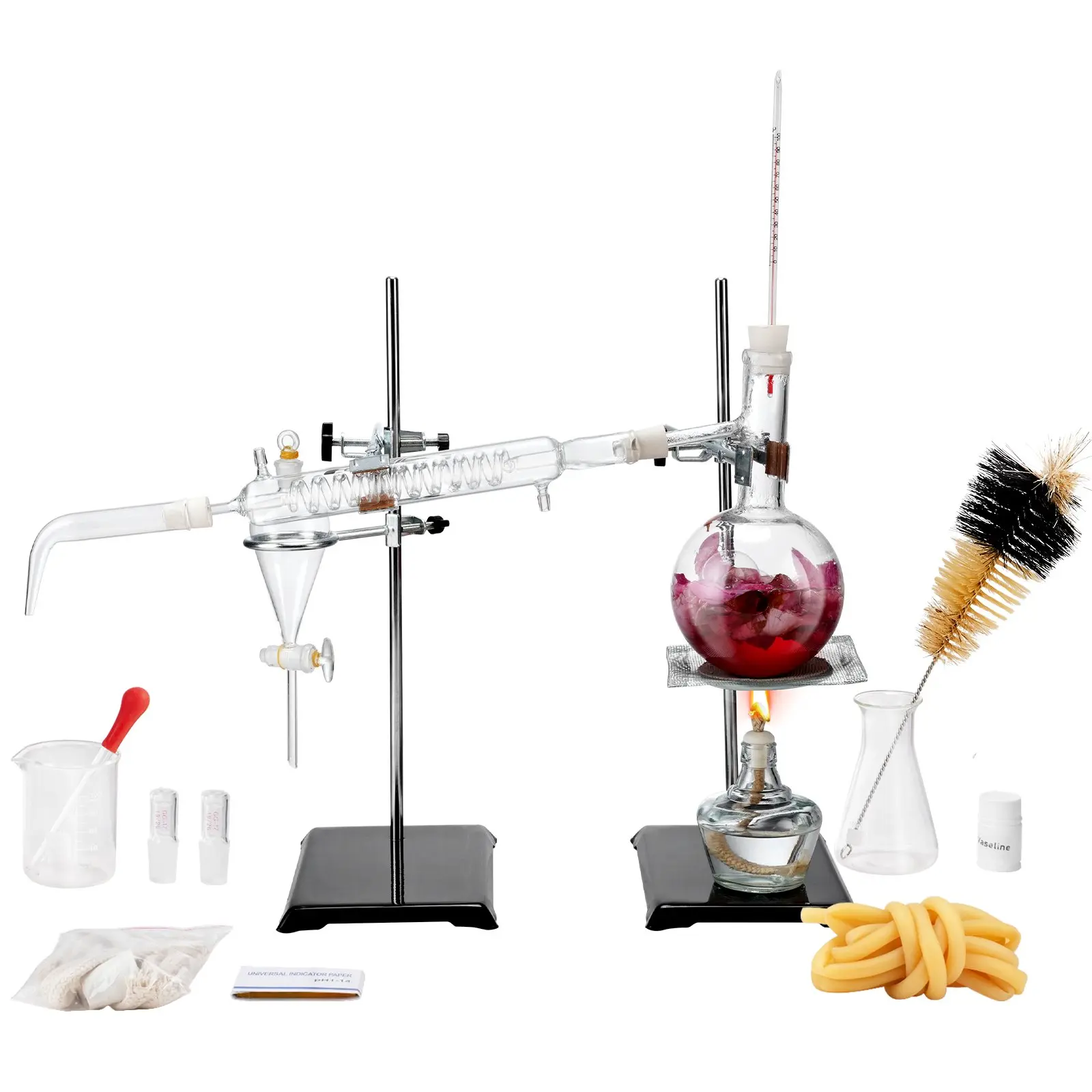 【Summerfinds】VEVOR 500ml Transparent Essential Oil Distillation Equipment Kit, 3.3 Boro Lab Glassware Apparatus with Alcohol Lamp, Ceramic Mesh, 24-40 Joints, Uniform Heating, 28 Pcs Hand Tool Set, Beakers, Built-in Brush, 18.11x12.99x9.06 Inch