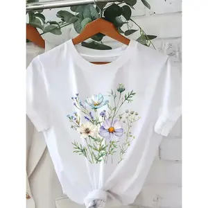 Ladies' Floral Print T-Shirt |   Casual Crew Neck Short Sleeve Top for Spring/Summer
