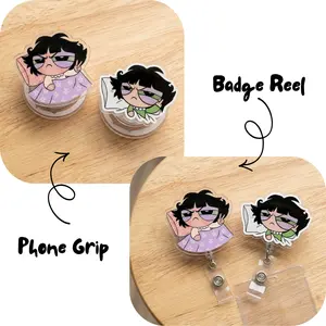 Funny Powerpuff Girl Badge Reel and Phone Grip, Cute Accessories, Cute Retractable Acrylic ID Name Tag Holder and Kindle Grip, Gift For Powerpuff's Fans