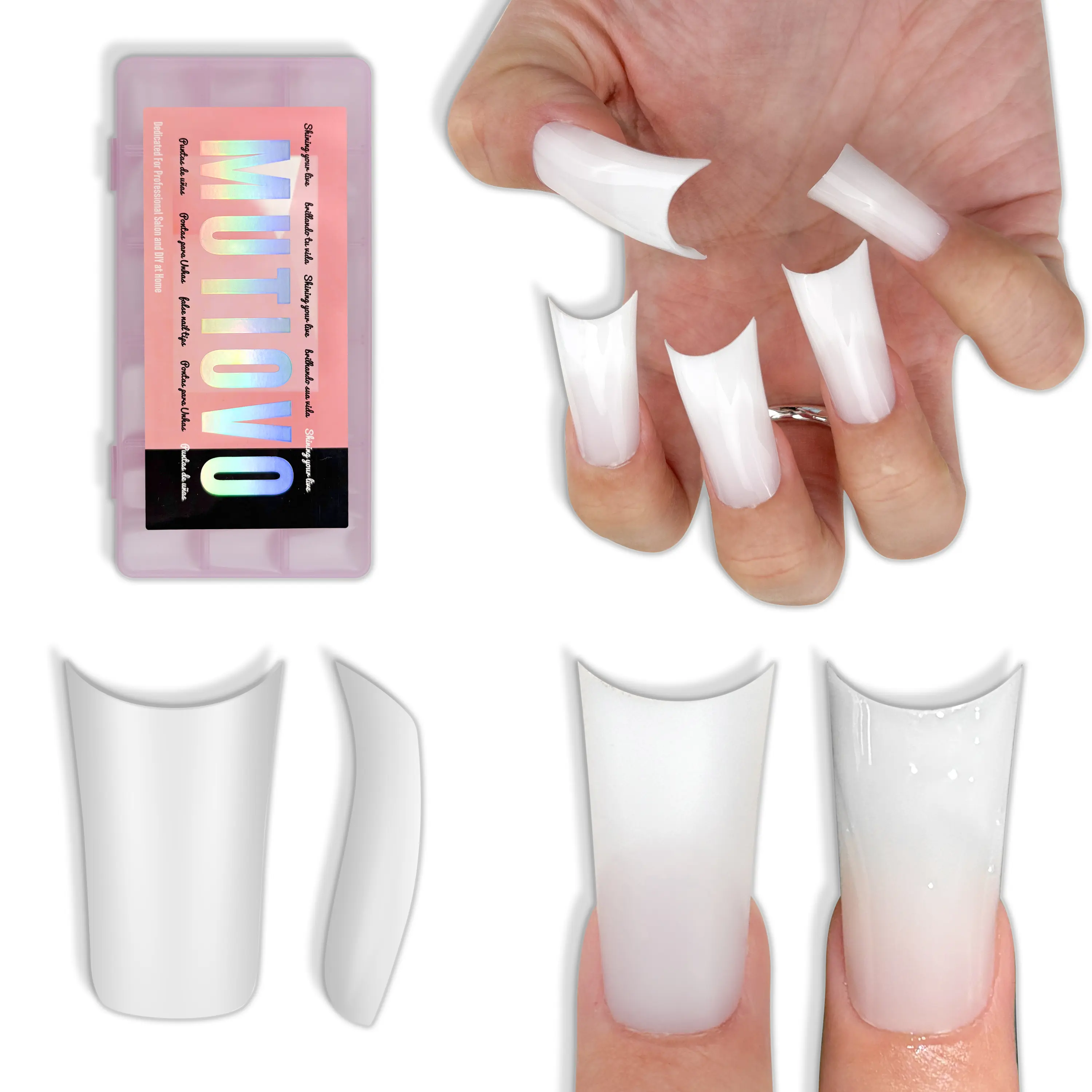 MUTIOVO Medium Duck Nails Press on Nails Pure Color Milky White（Cloud Dancer）150 Pcs Pre-Designed Soft Gel Duck Nail Tips with Moon Curve, Extra Thick Flare False Nail Extension for DIY Salon 15 Sizes