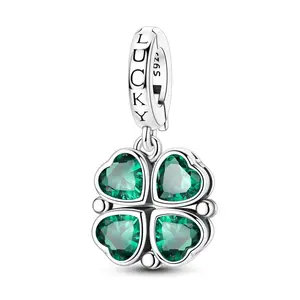 MULA 925 Sterling Silver Four-Leaf Clover Pendant for Pandora Bracelet – Emerald Heart-Shaped Cubic Zirconia Beads, Engraved with "LUCKY" – A Lucky St. Patrick's Day Jewelry Gift for Women.