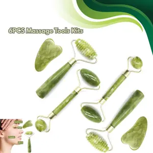 6PCS Massage Tools Kits, 4 PCS Jade Roller Facial Ridged Roller Kits Skin Roller with 2 Pieces Scraping Massage Tools Anti Aging and Wrinkles for Face, Eye, Neck, Body for Lymphatic Massage