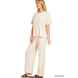 Zenana Women's Soft Melange Short Sleeve Tee & Long Pants Set - Sand Beige