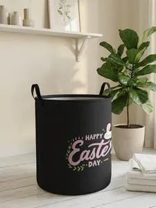 1 piece of rabbit element 'HappyEaster' 2D printed Easter with handle laundry basket, made of wear-resistant material, foldable household dirty clothes storage basket, large capacity laundry storage basket, toy storage box