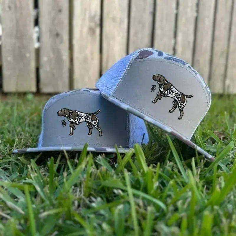 Camo Mesh Back German Shorthaired Pointer Hat – Embroidered Bird Dog Trucker Cap | 7 Panel Outdoor Hunting Snapback for Men & Women | Durable Bottomland Camo Design | Perfect Gift for Hunters & Dog Lovers