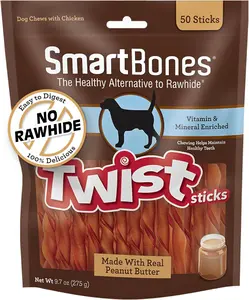 SmartBones Smart Twist Sticks With Peanut Butter 50 Count, Rawhide-Free Chews For Dogs, SBTT-02943, 50-count