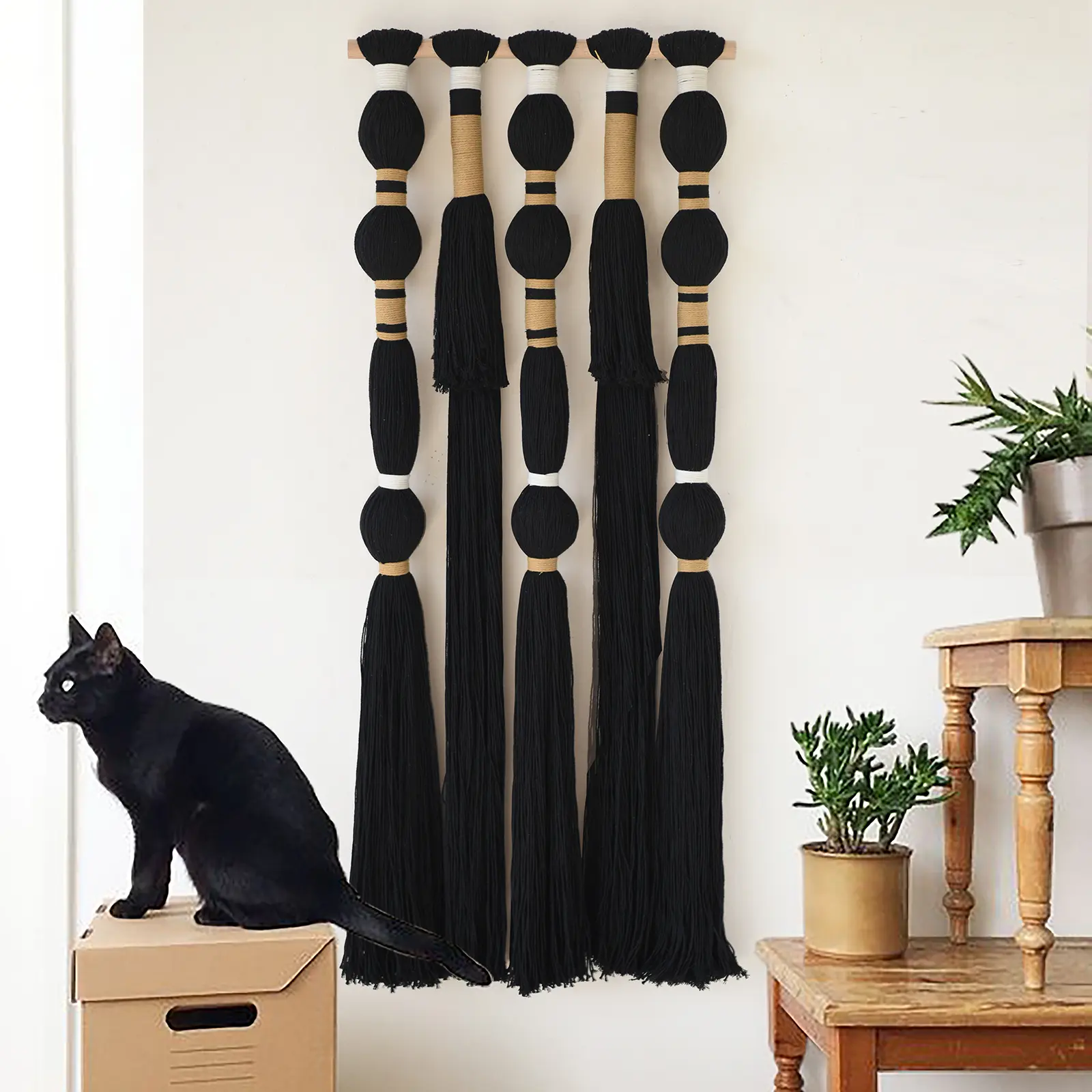 Macrame Wall Hanging Black Sphericity Geometric Yarn Wall Art 15.7" W x 39" L