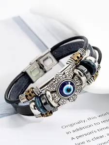 1pc Evil Eye Bracelets for Men, Metal Snap Fastener, Vintage Multi-Layered Beaded Leather Bracelet, Elegant Floral Style, All Seasons, Stackable Bracelets
