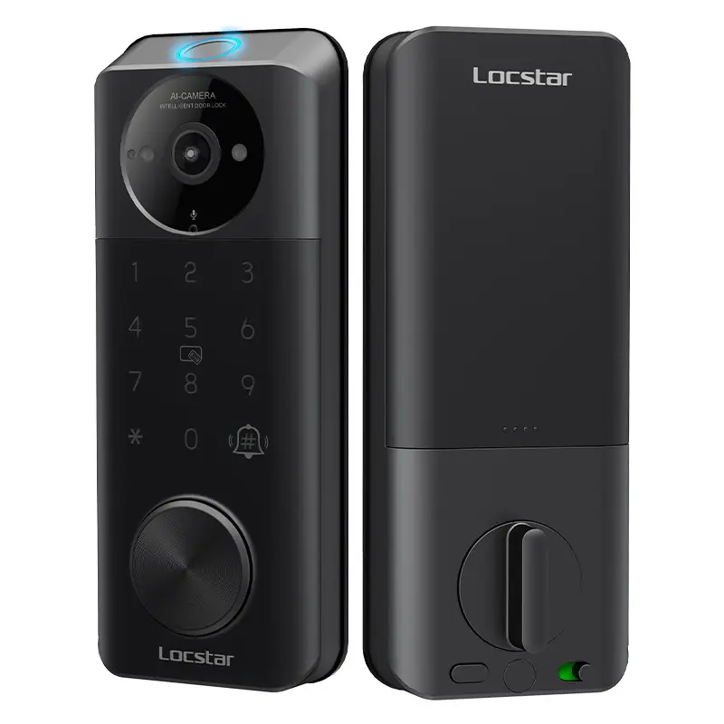 Smart WiFi Video Door Lock (with camera and doorbell), keyless entry system for front doors. Five unlocking methods: fingerprint, app, key, access card, and keypad. Auto-locking feature. Easy installation. Biometric Handle