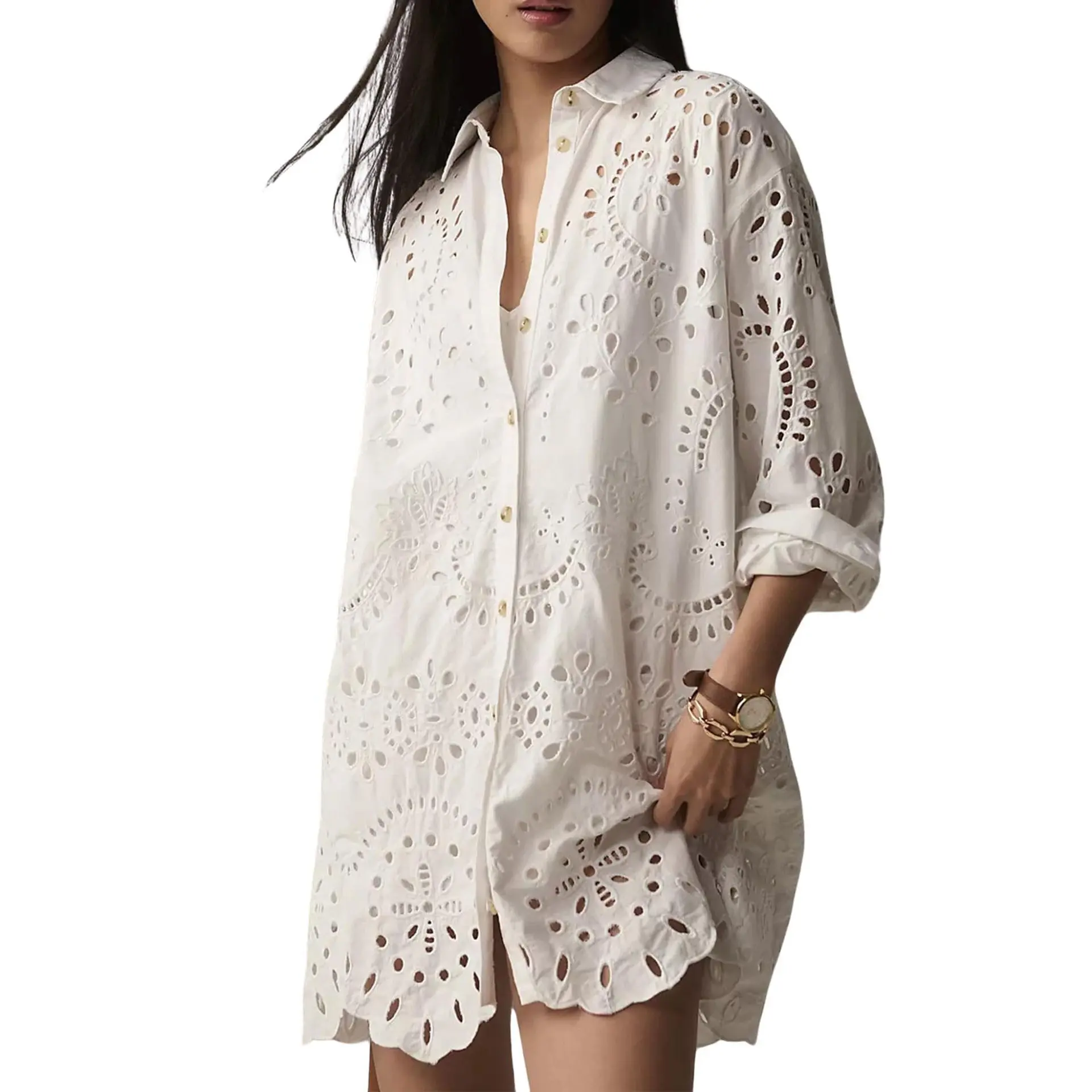 CHARTOU Lady's Eyelet Lace Button-Down Shirt Dress - Loose Fit, Short Sleeve, Basic Garment, Summer Casual Wear Mini Dress, Breathable,back to school,back to school shopping, Everyday