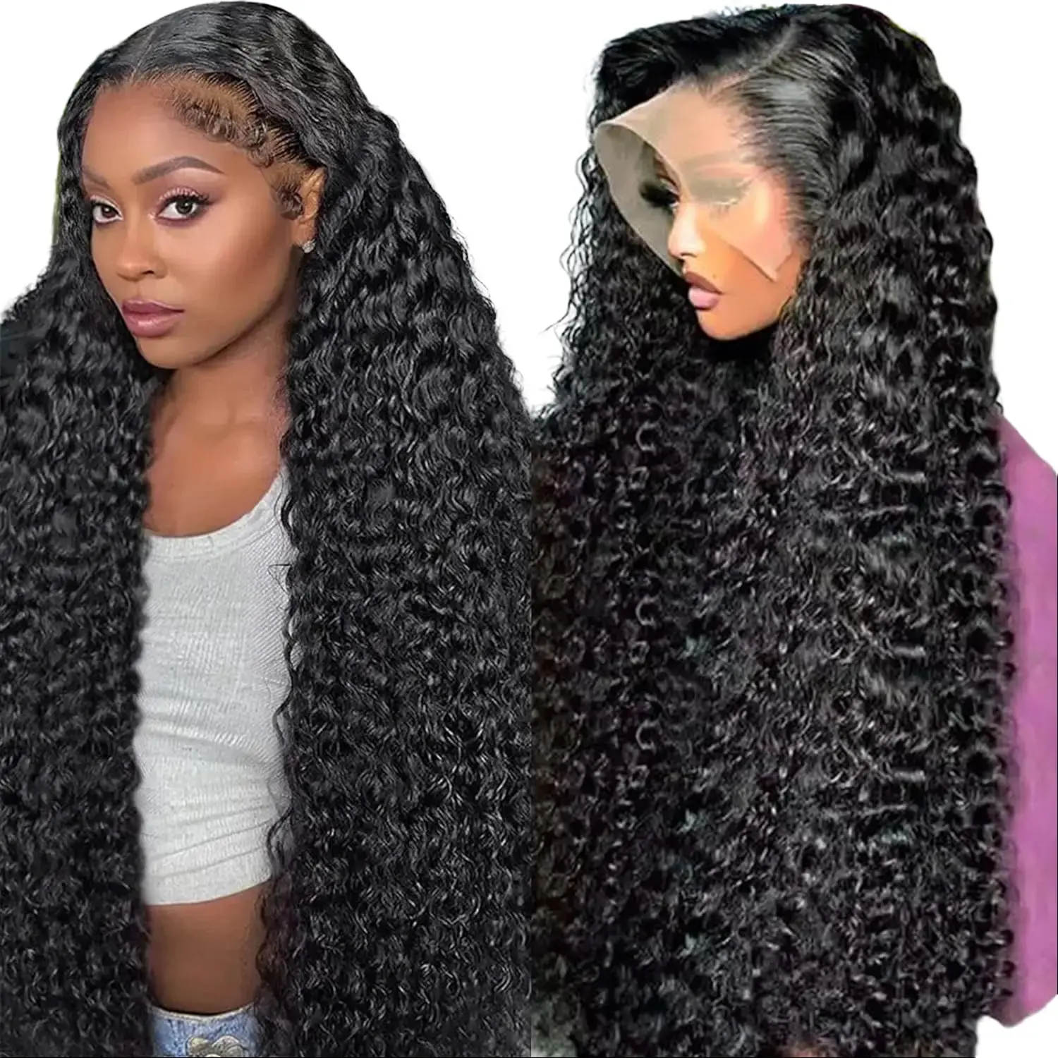 Women's Human Hair Lace Front Wig - 13x6 Deep Wave, 30 in, 180 Density, Natural Black, Pre-Plucked, Glueless Ready to Wear for Elegant Everyday Wear, Glueless Ready To Wear Wig