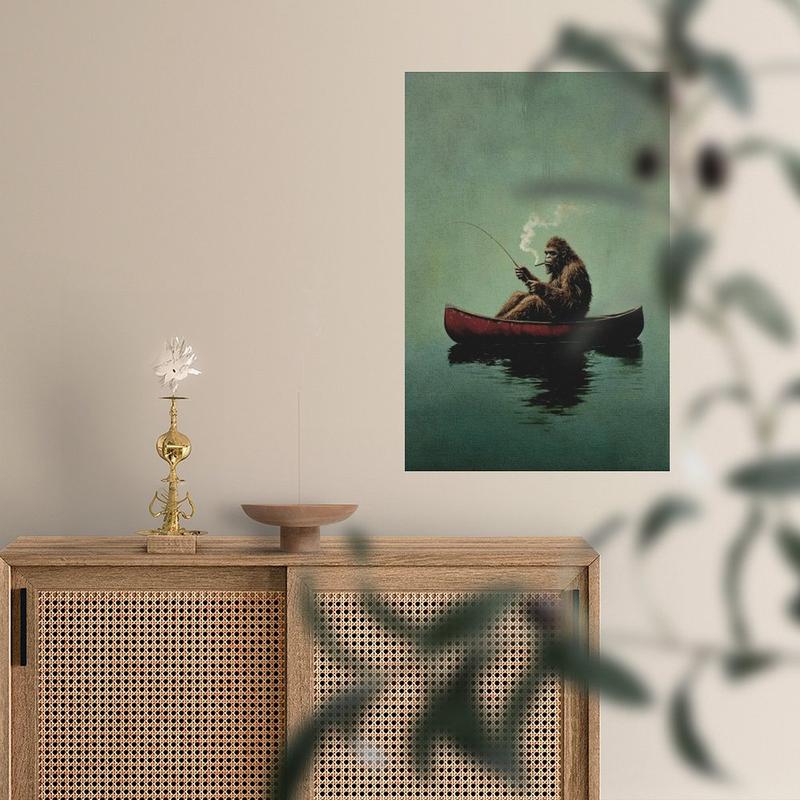 Bigfoot on A Red Canoe Fishing Retro Art Poster Or Canvas Print, Whimsical Sasquatch Wall Art, Lake House Wall Decor, Bigfoot Funny Poster