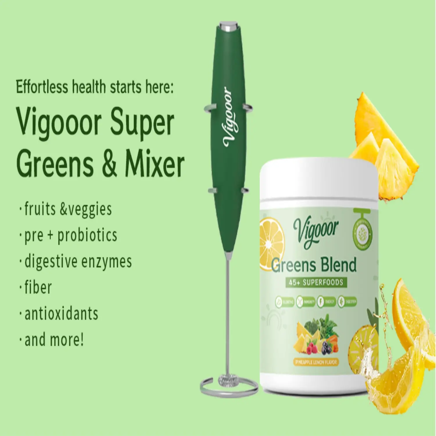 Vigooor Greens Blend & Pineapple Flavoured Fruit & Vegetable Powder, Rich in dietary fiber,Gift a blender，Helps - Bloating, Immunity, Energy, Digestion