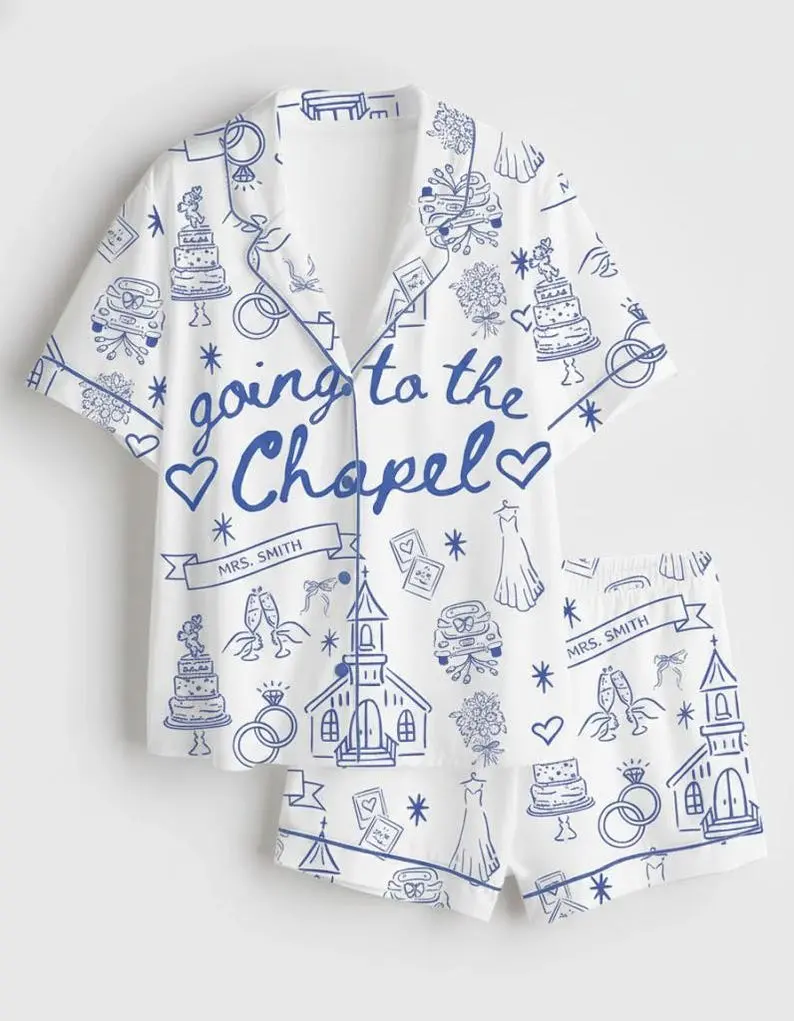 Going To The Chapel Satin Short Pajama Set, Gonna Get Married Coquette Wedding Bride Short Pajamas, Matching Family Sleepwear Set, Pajama Set For Men Women Kids