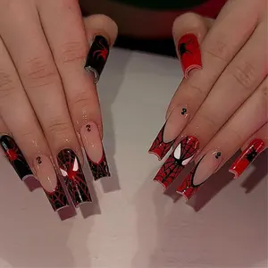 Spider French Tip Nails ️️Trendy Spiderman Inspired Acrylic Nails, Y2K Alt Girl Aesthetic Press On Nails