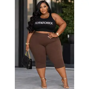 PLUS SIZE Cotton Capri Leggings-BROWN