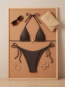 2026 Trendy Simple Casual Comfortable Sexy Fitted Bikini, Star Buckle Strappy Triangle Cup, Hot Spring Beach Vacation Swimsuit Set, Adjustable Tie Bikini