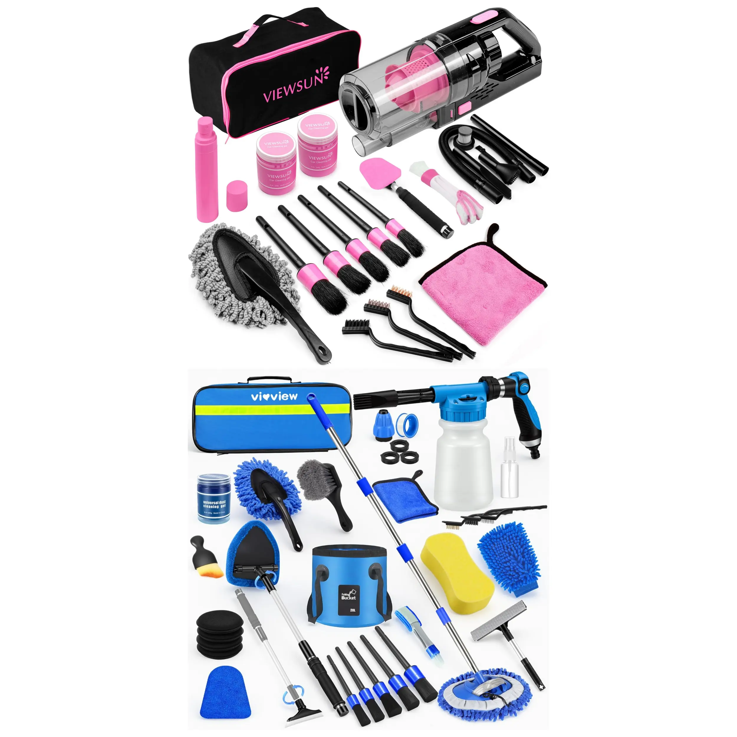 Viewsun 53PCS Car Cleaning & Car Wash Kit Bundle, High Power Handheld Vacuum, Foam Gun Sprayer, Collapsible Bucket, Detailing Brush Set, Complete Auto Detailing Supplies for Cars, Trucks, SUVs