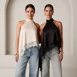 Women's satin off-shoulder top with asymmetrical hem and lace details, elegant sleeveless blouse perfect for daily & evening wear