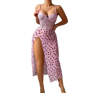 Women's Lace Underwire Gathered Strap Backless Heart Semi-Transparent Nightdress, High-Slit Loungewear with Thong 2 pieces,Homewear Nightwear Womenswear Sleeveless Pink night gown women