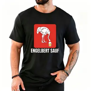 Men'S Fun Ostrich Drinking Short Sleeve: White Base with Red Base White Painted Ostrich Pecking Beer Pattern, Featuring "ENGELBERT SAUF" Lettering, Quirky Style with Relaxed Humor, Suitable for Daily Casual And Friend Gatherings