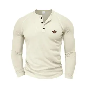 Men's long sleeved casual knitted waffle knit T-shirt, breathable quick drying shoulder pad Henley shirt, spring and autumn slim fit pulloverRAIMENTRY