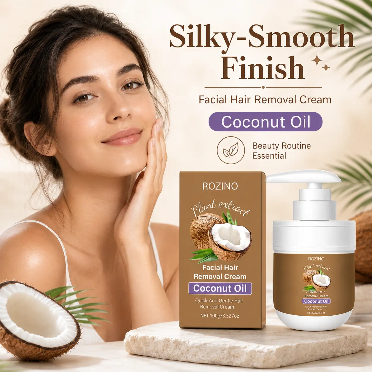 ROZINO Coconut Oil Hair Removal Cream - Gentle & Painless Depilatory Cream for Face, Arms, Legs & Body | Plant Extract Formula for Smooth Skin