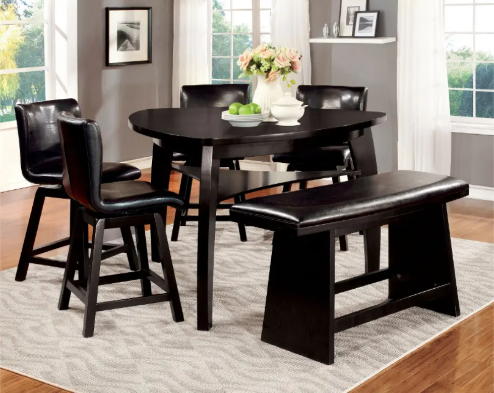 Hurley CM3433PT-6PC Modern 6-Piece Counter Height Dining Set - 1 Dining Table, Durable Black Wood Triangular Design, Matching Benches, 54"x54"x36"H, Ideal for Counter Height Spaces, Assembly Required