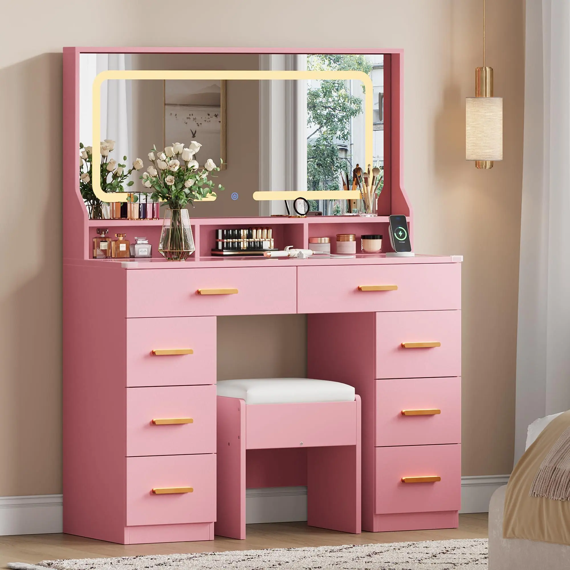 Pink makeup vanity desk with large lighted mirror, vanity desk with glass tabletop, 8 drawers & 3 storage shelves, vanity set with built-in power outlet for bedroom & dressing area