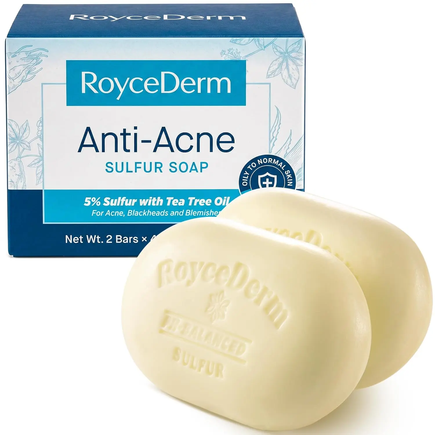 Roycederm Sulfur Soap for Acne Support - Sulfur Body Cleanser for Oily Skin with Volcanic Sulfur, Tea Tree Oil - 2 Bars