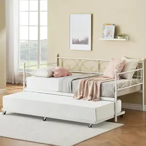 White Twin Daybed with Trundle Metal Frame - Durable and Stable Heavy-Duty Slats, Classical Look with Flower Motif, Easy Assembly, Ample Underneath Space, Versatile and Practical Space-Saver for Living Room, Bedroom