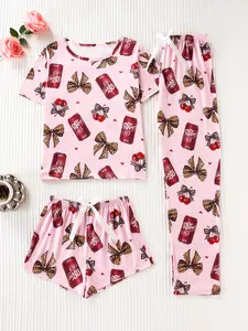 Women's Leopard Print Sleepwear Set, Bowknot Design, Casual Fitted Pajamas, All Seasons Wear, Breathable Comfortable Nightwear