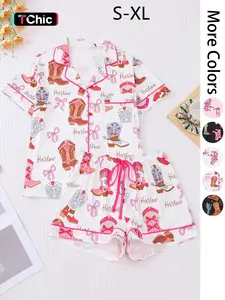 Women's All Over Cowboy Boots Print Pajama Two-piece Set, Casual Comfy Short Sleeve Lapel Neckline Tee & Shorts PJ Set, Ladies Summer Sleepwear
