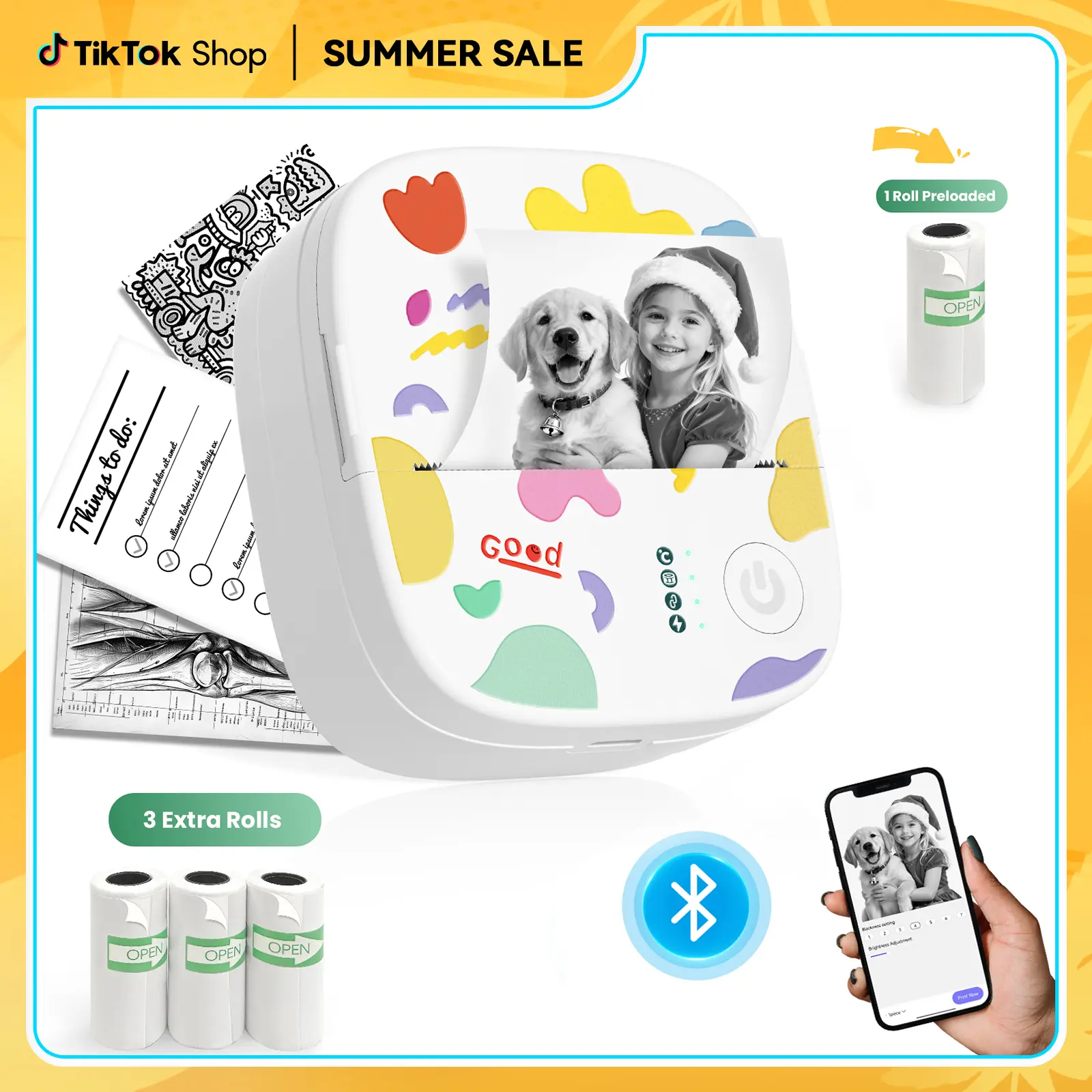 XenGro Mini Printer Bluetooth included 3 Roll label Thermal Pocket Printer,Inkless Small printer B&W Printing Only for Photos, Study Notes, Lists,Memos, Journals Printing Machine Sticky Label, Birthday Gifts for Kids White back to school Summer Sale