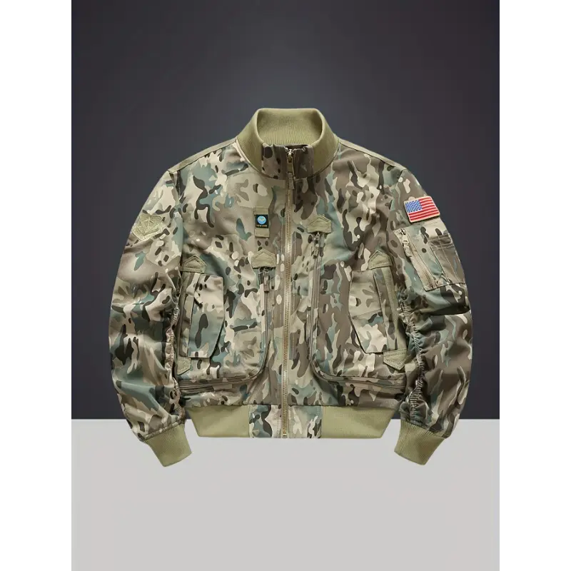 Men's Classic Short Length Long Sleeve Bomber Jacket - Solid Polyester Loose Fit Menswear Streetwear Coat with Zipper, Baseball Collar, Pockets, Casual Tops, Coats, Streetwear Jackets, Fashionable Jacket