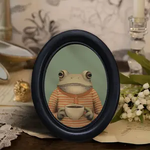 Unique Art Coffee Frog Portrait Painting, Oval Hanging Canvas, Lazy Home Scene, Vintage Frame Wall Decor, Suitable for Various Indoor Decoration