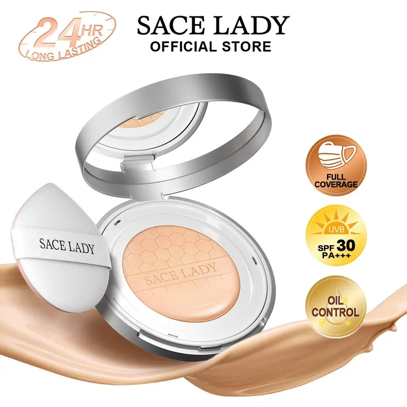 SACE LADY Breathable BB Cushion Foundation - 10g Oil Control, Waterproof, Sweatproof, Smudgeproof, Long-Lasting Ultra Matte, Full Coverage, Blemish-Covering, Color Correction, Sun Protection, Even Skin Tone for Adults, All Skin Types Face Cosmetics