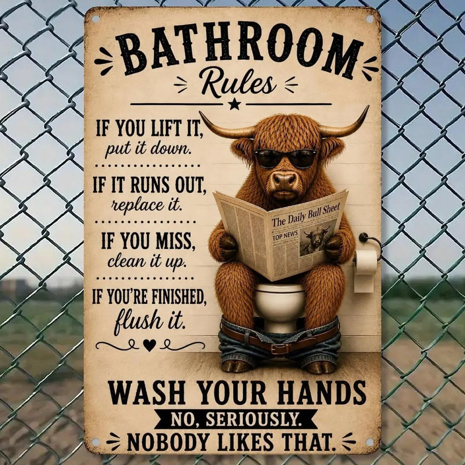 Retro Iron Highland Cow Bathroom Rules Metal Tin Sign, 8*12in Funny Farmhouse Restroom Wall Decor, Home Decor Plaque for Gift