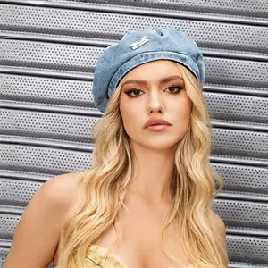 Japanese Retro Cowboy Beret Women's Fashion Metal Badge Beanie Distressed Washed Painter Hat