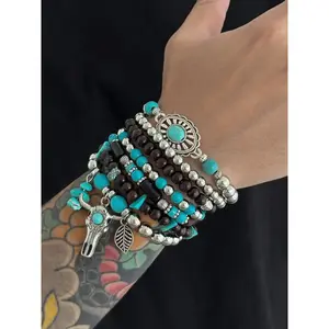Men's Western Cowboy Style Bracelet Set Vintage Wooden Beads with Turquoise Inlay Multi-Layer Cow Head Pendant Unisex Boho High Quality Bracelet