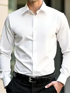 【Plus Size】 Men's Solid Color Plain Long Sleeve Fitted Dress Shirt, Regular Fit Classic Style Casual Comfy Button Front Collared Top for Business Formal Occasions, Men's Clothes for All Seasons, Menswear