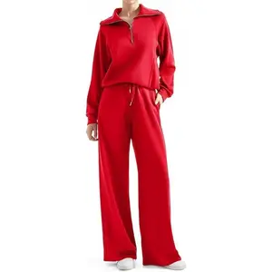 Women’s Two-Piece Lounge Matching Set: wide-leg sweatpants and a half-zip sweatshirt with basic long sleeves; available as a top-and-bottom set or as individual pieces.
